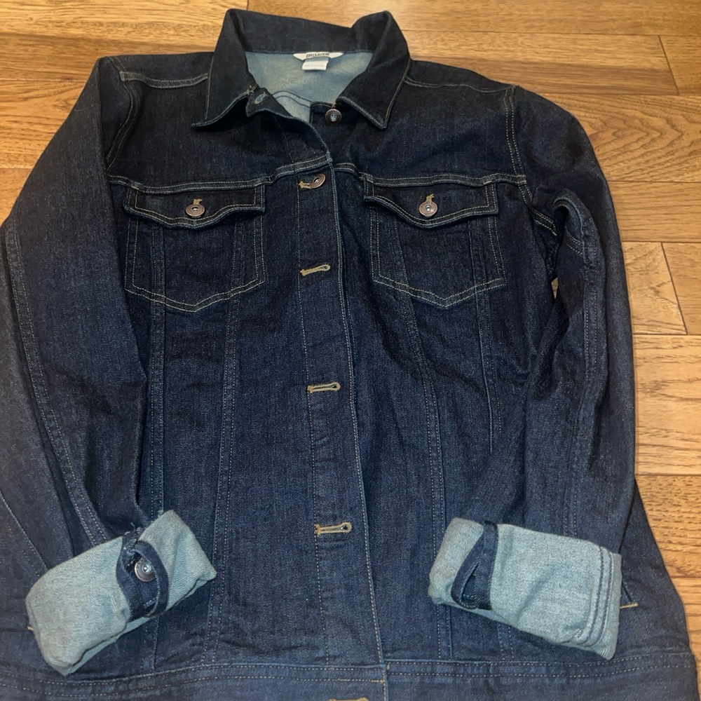 Large denim dark wash jacket women’s ask for measurements please.